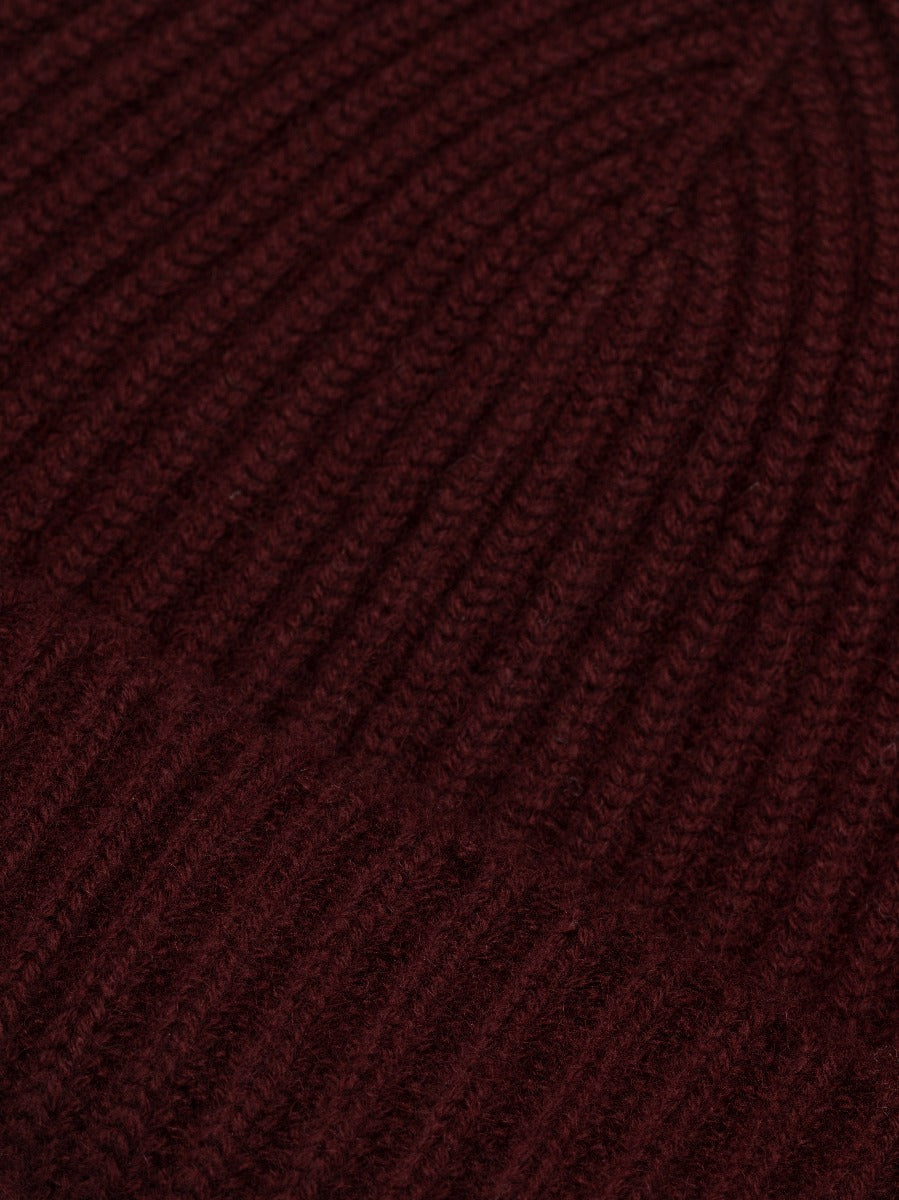 Mens Black Cherry Cashmere Alex Beanie Hat Close Up | Begg x Co 