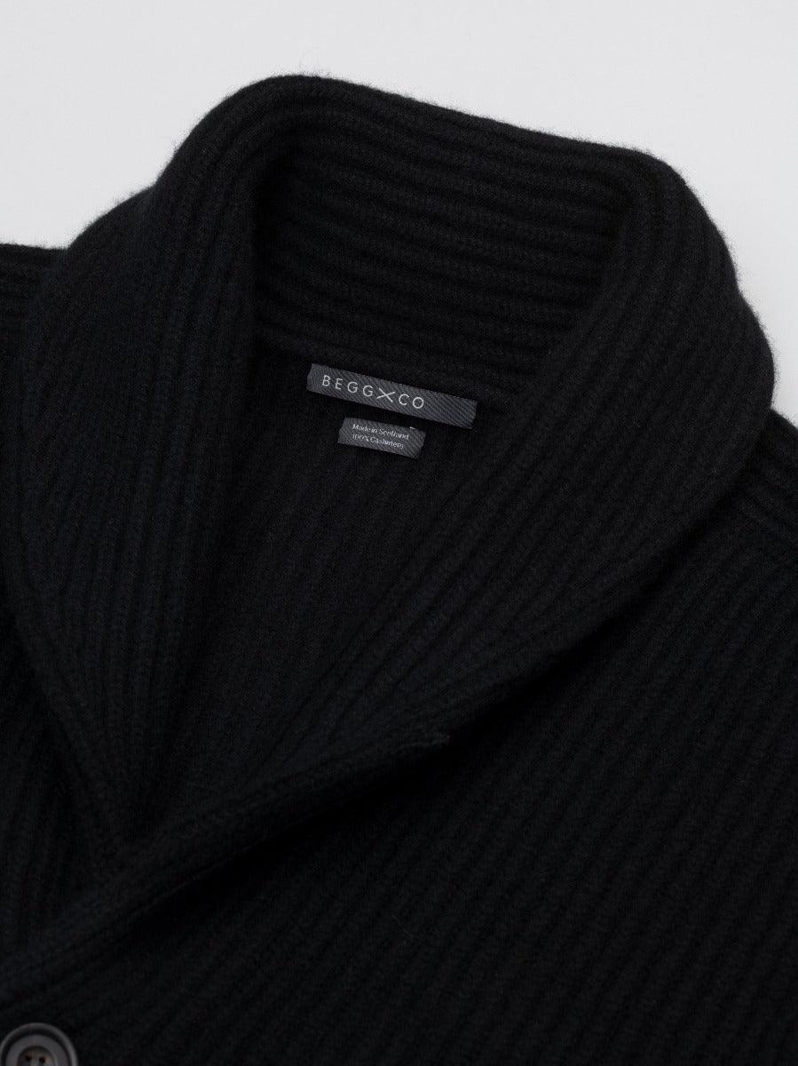 Luxury Cashmere Shawl Collar Cardigan in Black Label Detail | Begg x Co