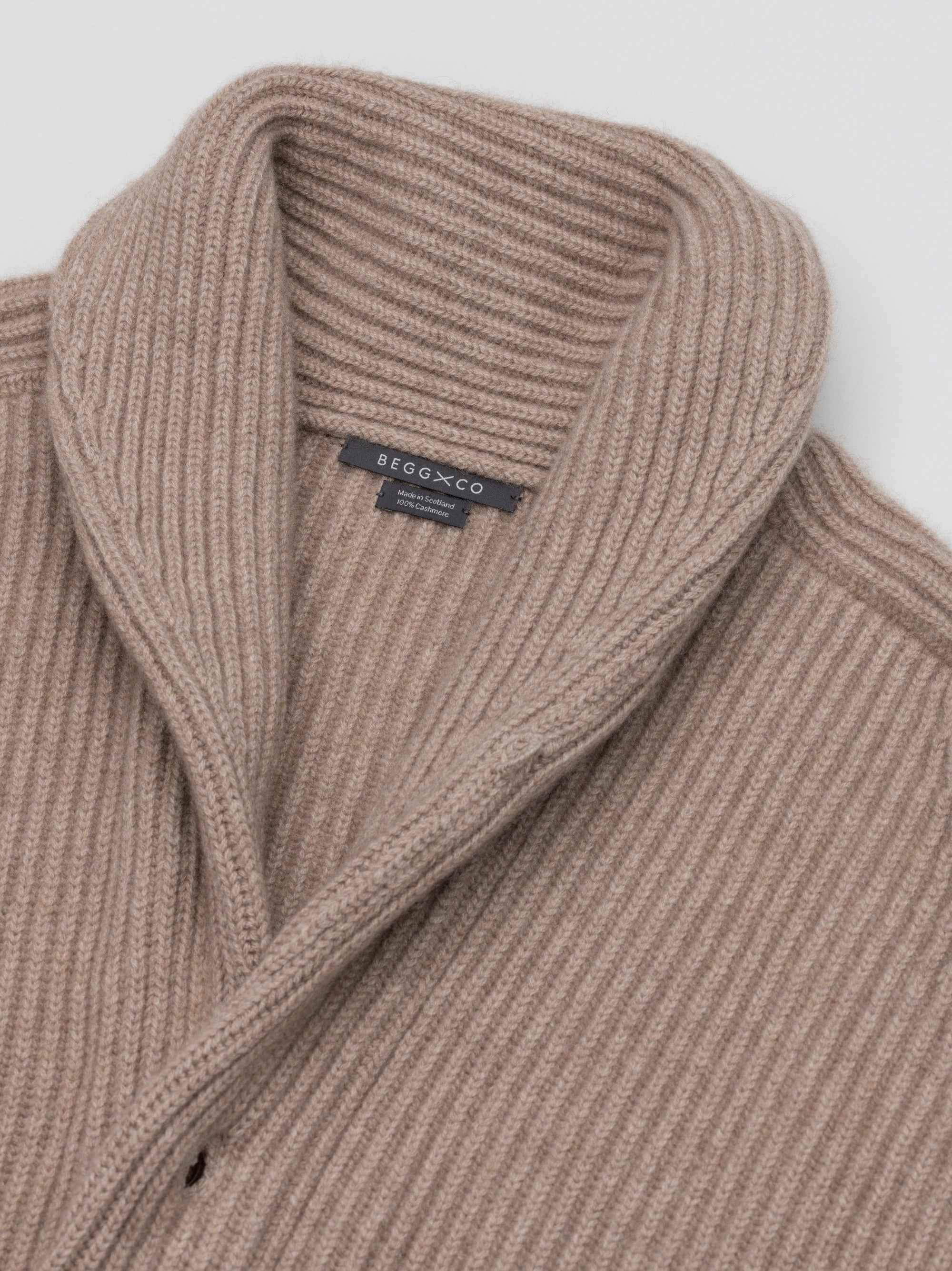 Mens Luxury Knitted Brown Undyed Shawl Collar Cardigan | Begg x Co