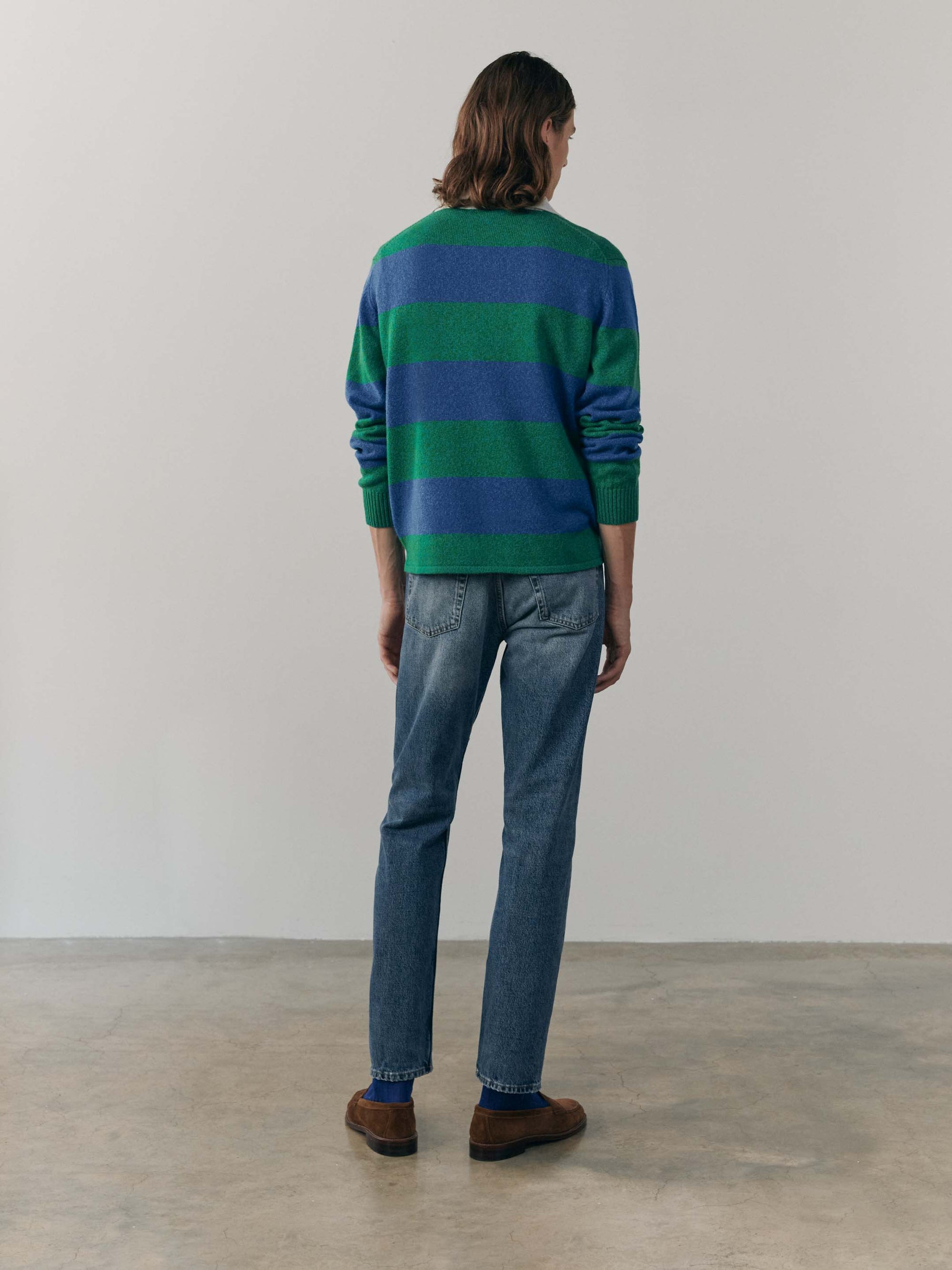 Mens Hooped Cashmere Rugby Sweater Emerald Sky | Begg x Co