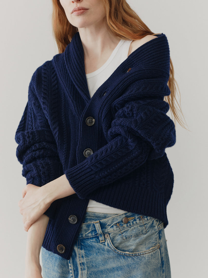 Womens Aspen Navy Blue Cashmere Knitted Cardigan - Begg x Co